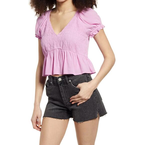 BP Babydoll Shirred Crop Top Womens L Purple Tulip Ruched Puff Sleeve Peplum - Picture 12 of 14